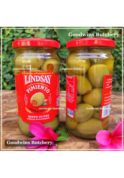 Pickle olive GREEN QUEEN OLIVE stuffed with PIMIENTO crisp & tangy LINDSAY Spain dr. wt. 7oz 198g (JUMBO SIZE)